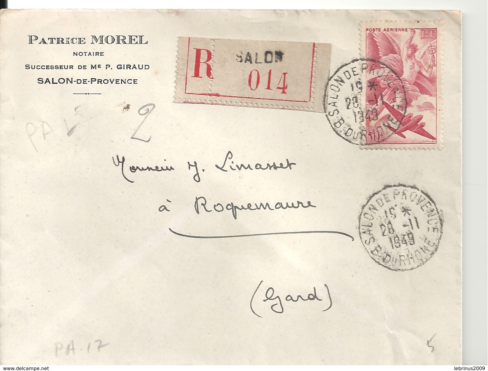 PA N°17  Sur Lettre RECOMMANDEE  De SALON DE PROVENCE Du 28/11/1949 - 1921-1960: Période Moderne