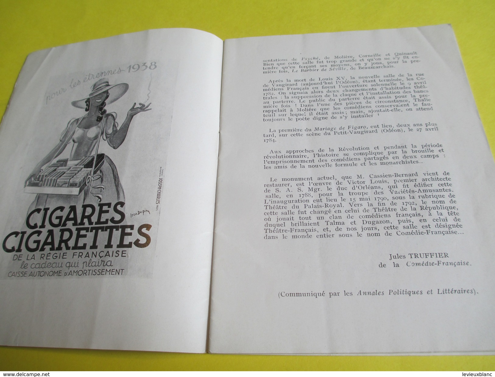 Programme Théâtre/Comédie Française/Le Jeu De L'Amour Et Du Hasard/Renault Novaquatre /Pierre DUX//1938     PROG147 - Programma's