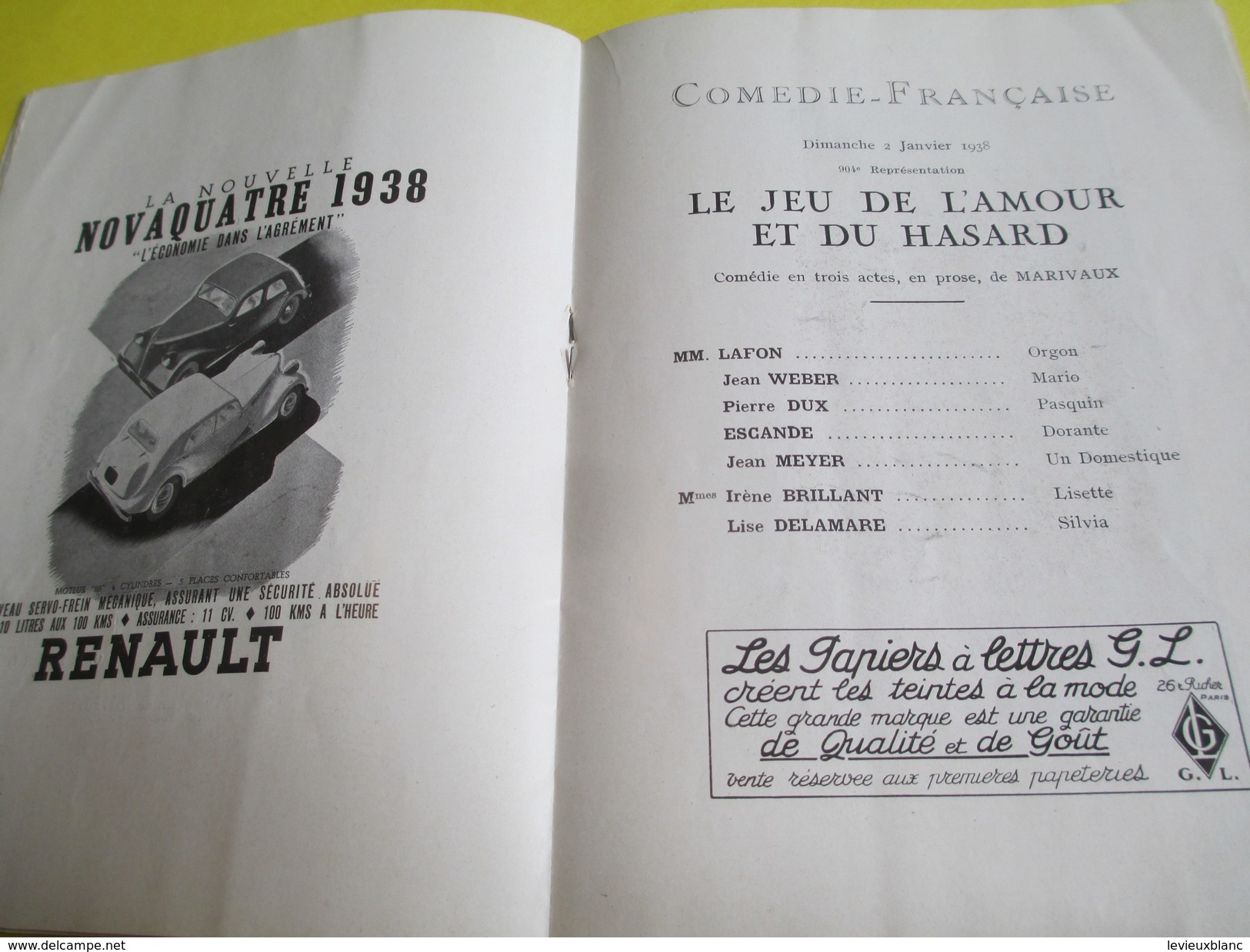 Programme Théâtre/Comédie Française/Le Jeu De L'Amour Et Du Hasard/Renault Novaquatre /Pierre DUX//1938     PROG147 - Programma's