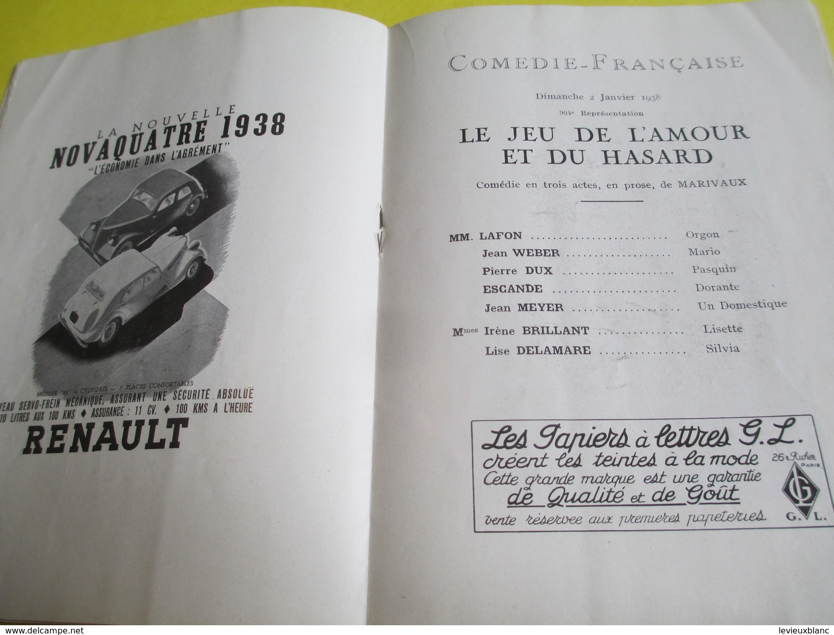 Programme Théâtre/Comédie Française/Le Jeu De L'Amour Et Du Hasard/Renault Novaquatre /Pierre DUX//1938     PROG147 - Programmes