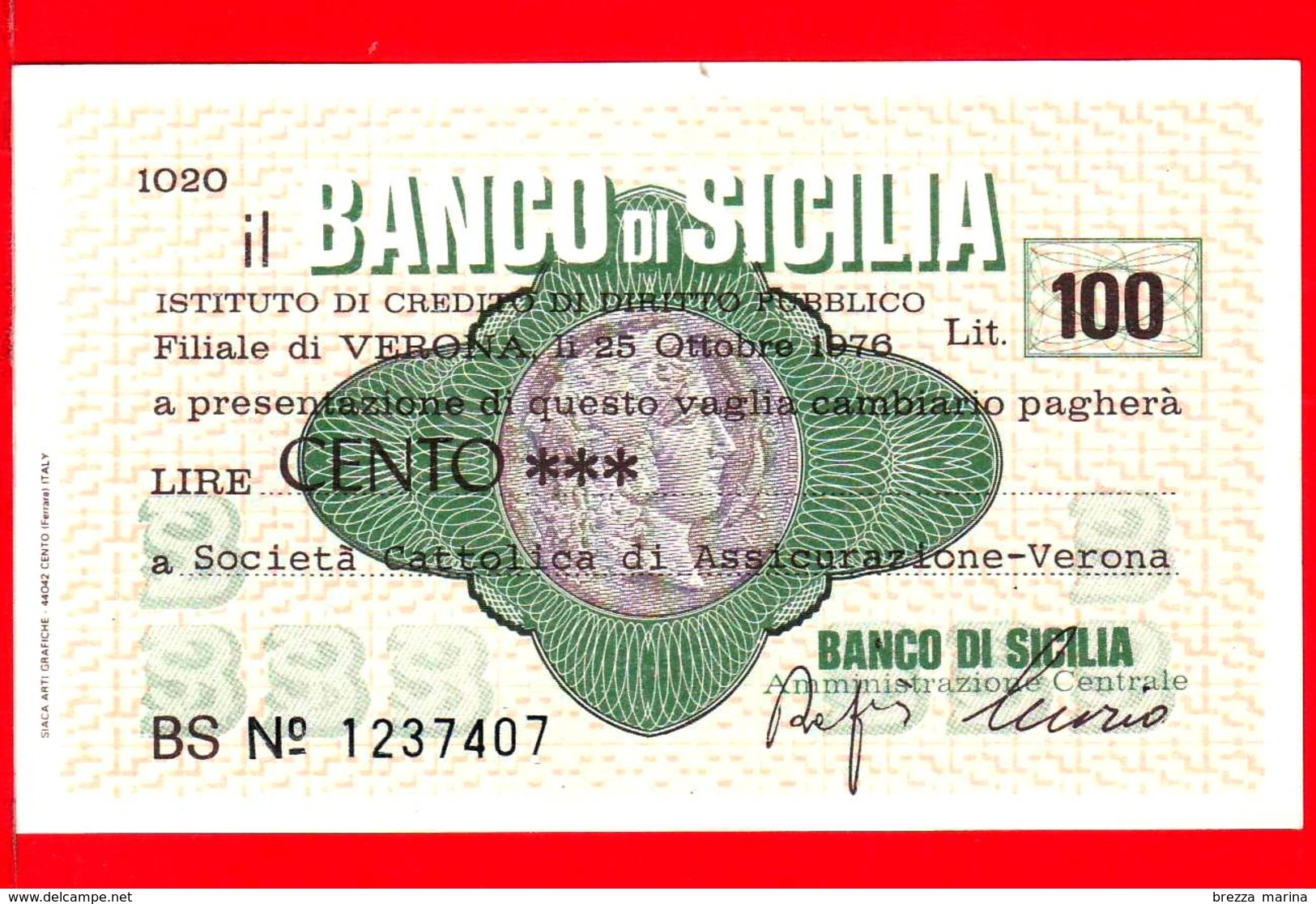 MINIASSEGNI - BANCO DI SICILIA  - L. 100 - Nuovo - FdS - [10] Cheques Y Mini-cheques