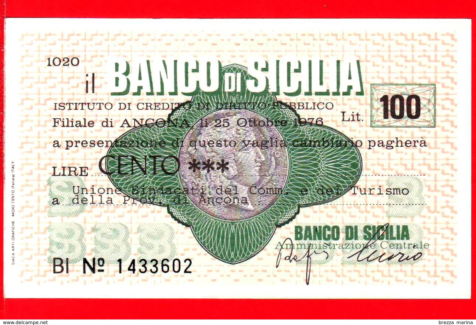 MINIASSEGNI - BANCO DI SICILIA  - L. 100 - Nuovo - FdS - [10] Chèques