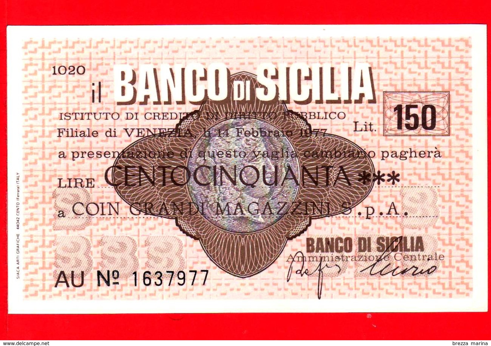 MINIASSEGNI - BANCO DI SICILIA  - L. 150 - Nuovo - FdS - [10] Cheques Y Mini-cheques