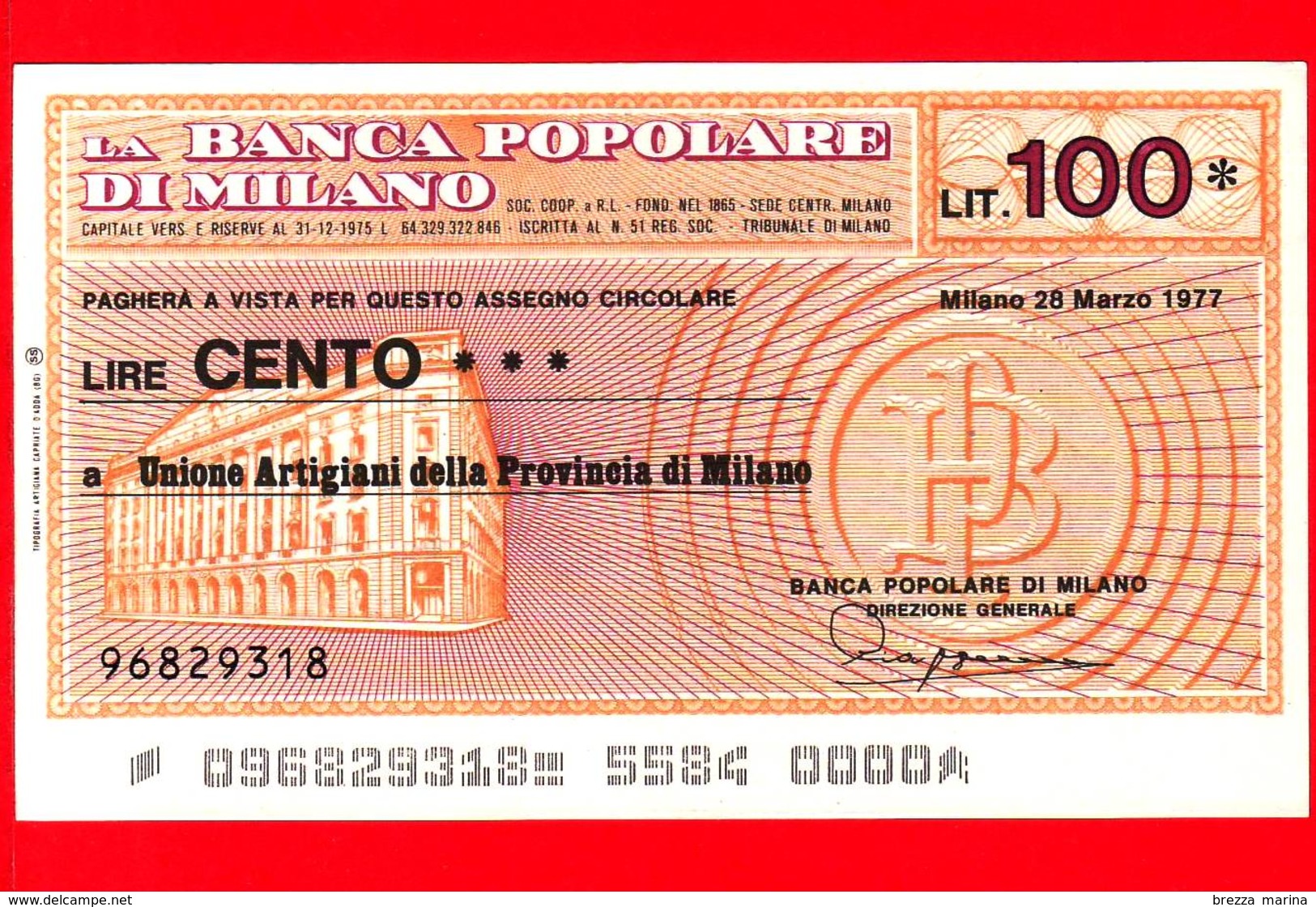MINIASSEGNI - BANCA POPOLARE DI MILANO - L. 100 - Nuovo - FdS - [10] Checks And Mini-checks