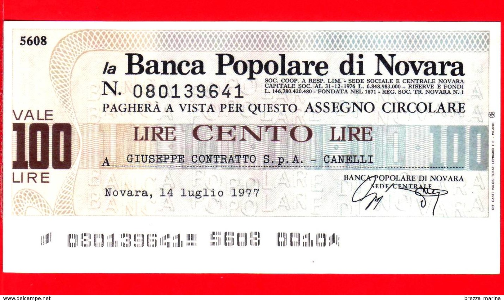 MINIASSEGNI - BANCA POPOLARE DI NOVARA - FdS - BPNO.037 - [10] Assegni E Miniassegni