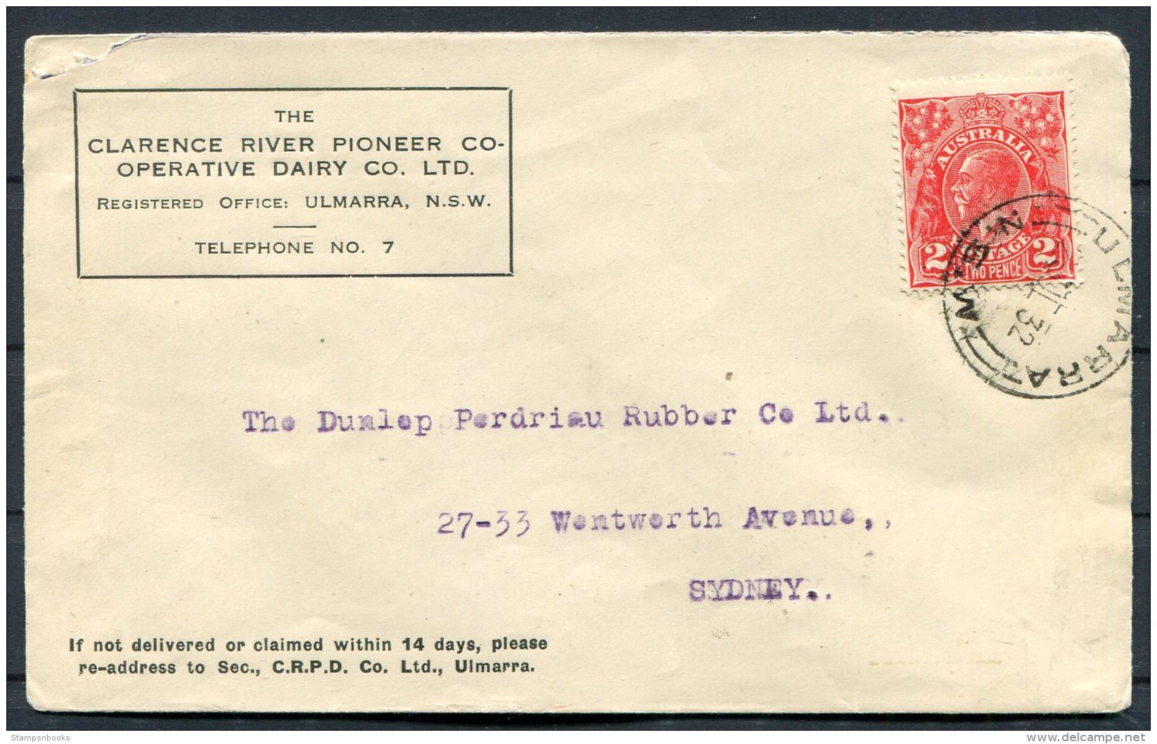 1932 Australia Clarence River Pioneer Co-Operative Dairy Co. Ulmarra NSW Advertising Cover - Dunlop Perdriau Rubber Co. - Lettres & Documents