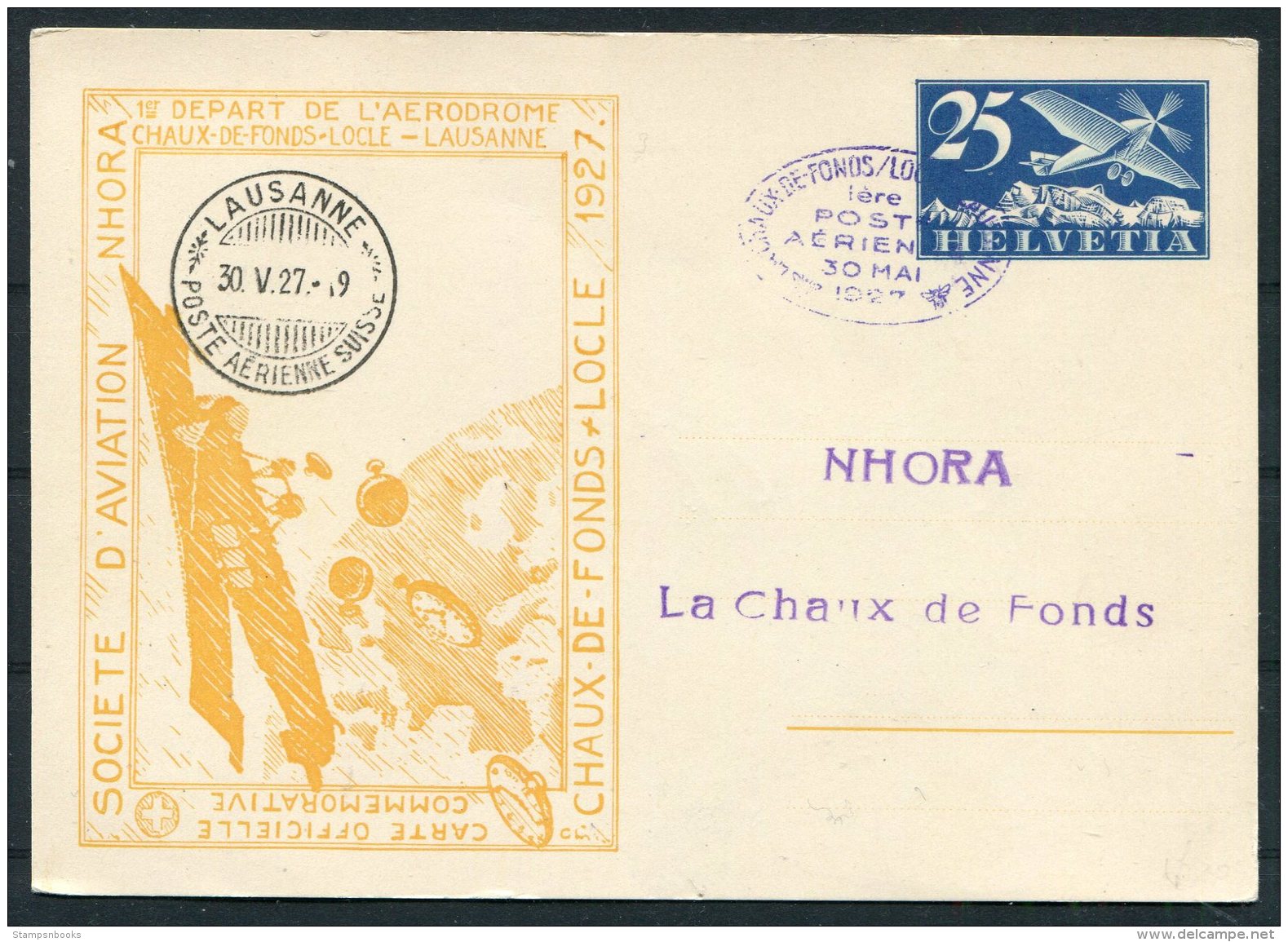 1927 Switzerland Lausanne Poste Aerienne Suisee / La Chaux De Fonds Flight Stationery Postcard - First Flight Covers