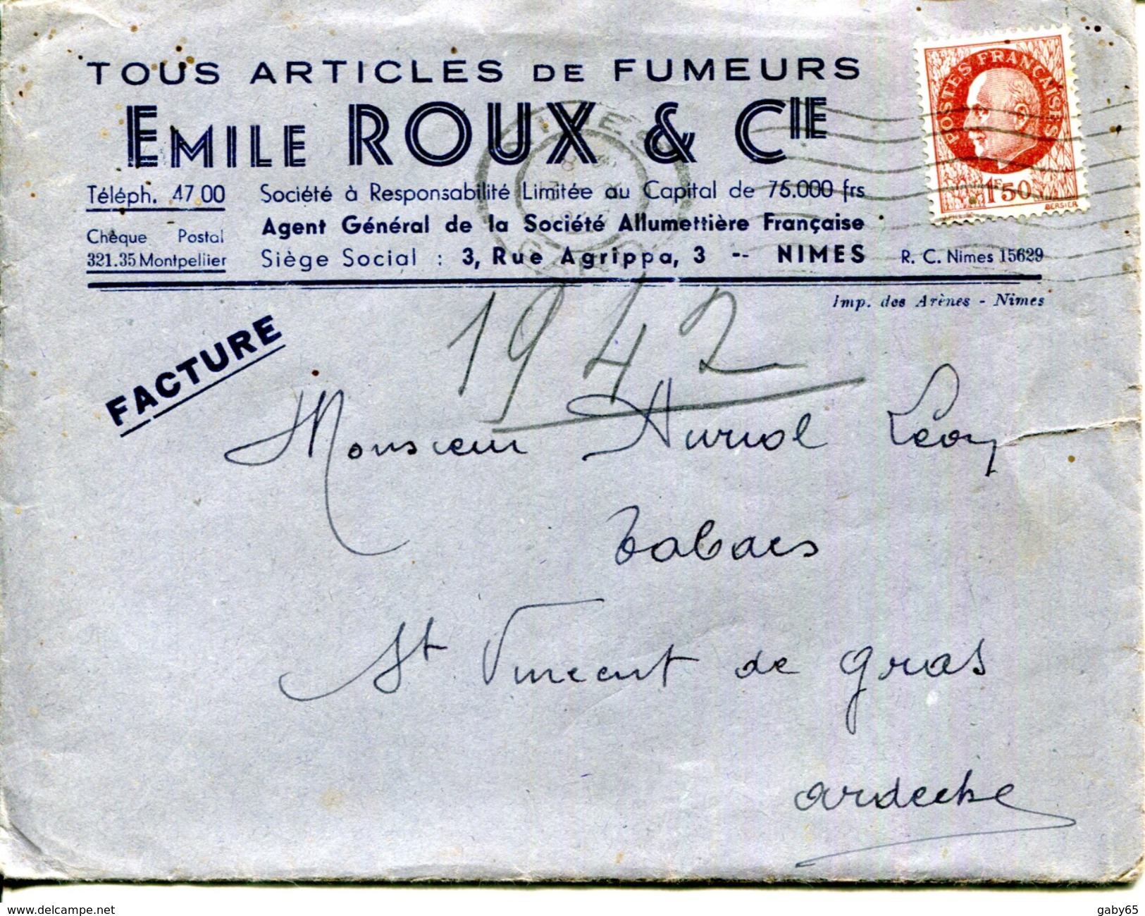 30.GARD.NIMES.TOUS LES ARTICLES DE FUMEURS.CARTES POSTALES.ALLUMETTES DE L'ETAT.EMILE ROUX 3 RUE AGRIPPA. - Autres & Non Classés