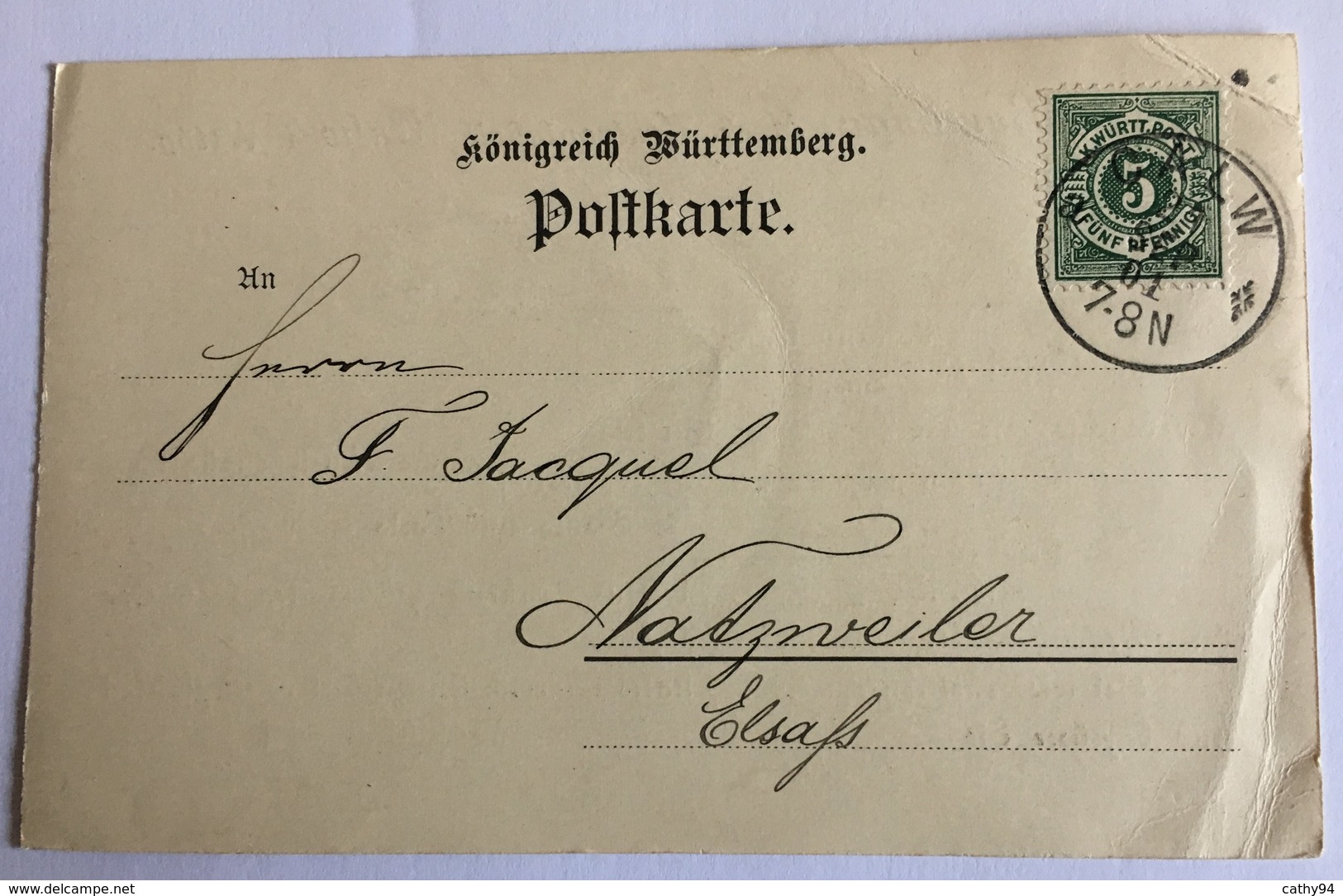 KONIGREICH WURTTEMBERG POSTKARTE Privée De CALW Pour NATZWILLER En 1901 - Cartoline