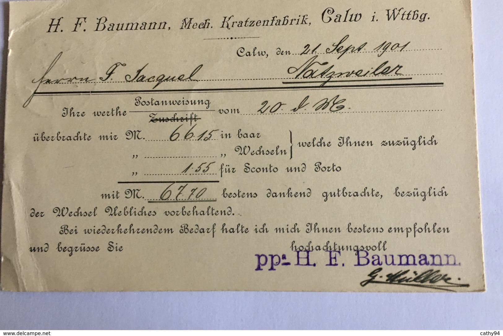 KONIGREICH WURTTEMBERG POSTKARTE Privée De CALW Pour NATZWILLER En 1901 - Cartoline