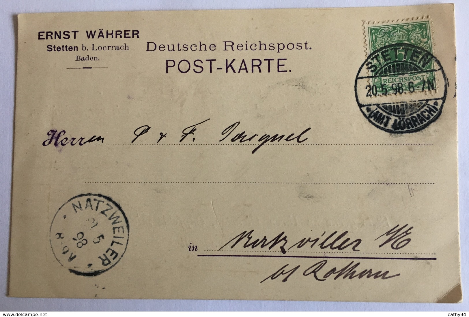 DEUTSCHE REICHSPOST POSTKARTE Privée De STETTEN Pour NATZWILLER En 1898 - Briefkaarten