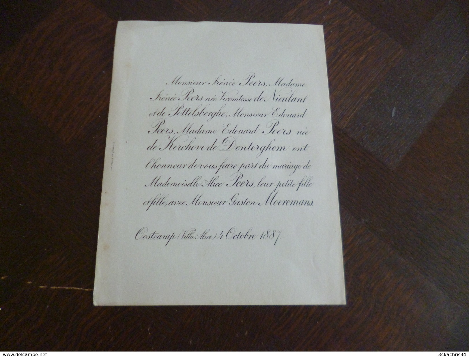 Faire Part Mariage Belgique Oostcamp 4/10/1887 Alice Peers/ Gaston Moeremans. Familles Peers Nieulant Pottelsberghe... - Huwelijksaankondigingen