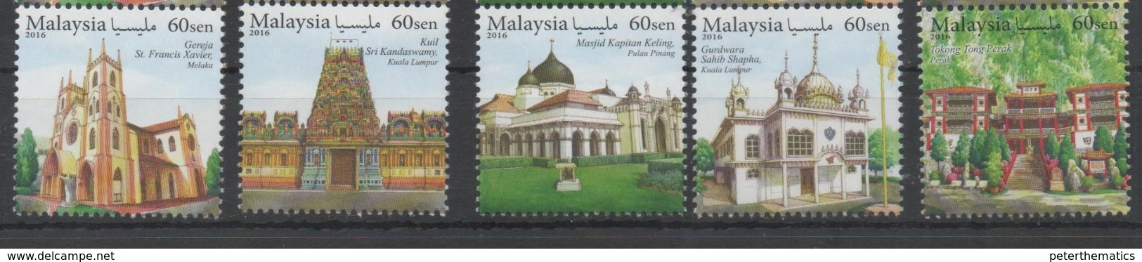 MALAYSIA, 2016, MNH, HOUSES OF WORSHIP, CATHEDRALS, MOSQUES, HINDU TEMPLES, 5v - Other & Unclassified