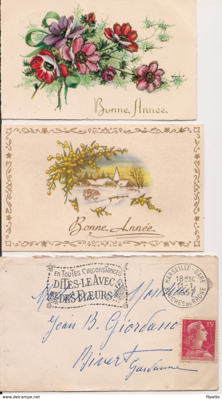 L15F149 Bis  - Bonne Année  - Lot De 2 Minicartes Et D'une Enveloppe - Fleurs Et Paysage - Nieuwjaar