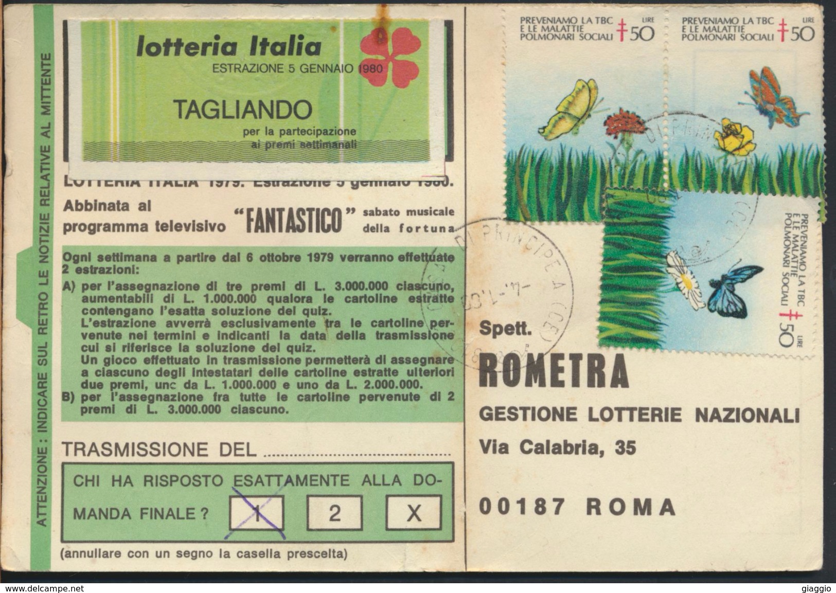 °°° CARTOLINA LOTTERIA 1980 - AFFRANCATURA MISTA  CON FRANCOBOLLI TUBERCOLOSI  °°° - Biglietti Della Lotteria