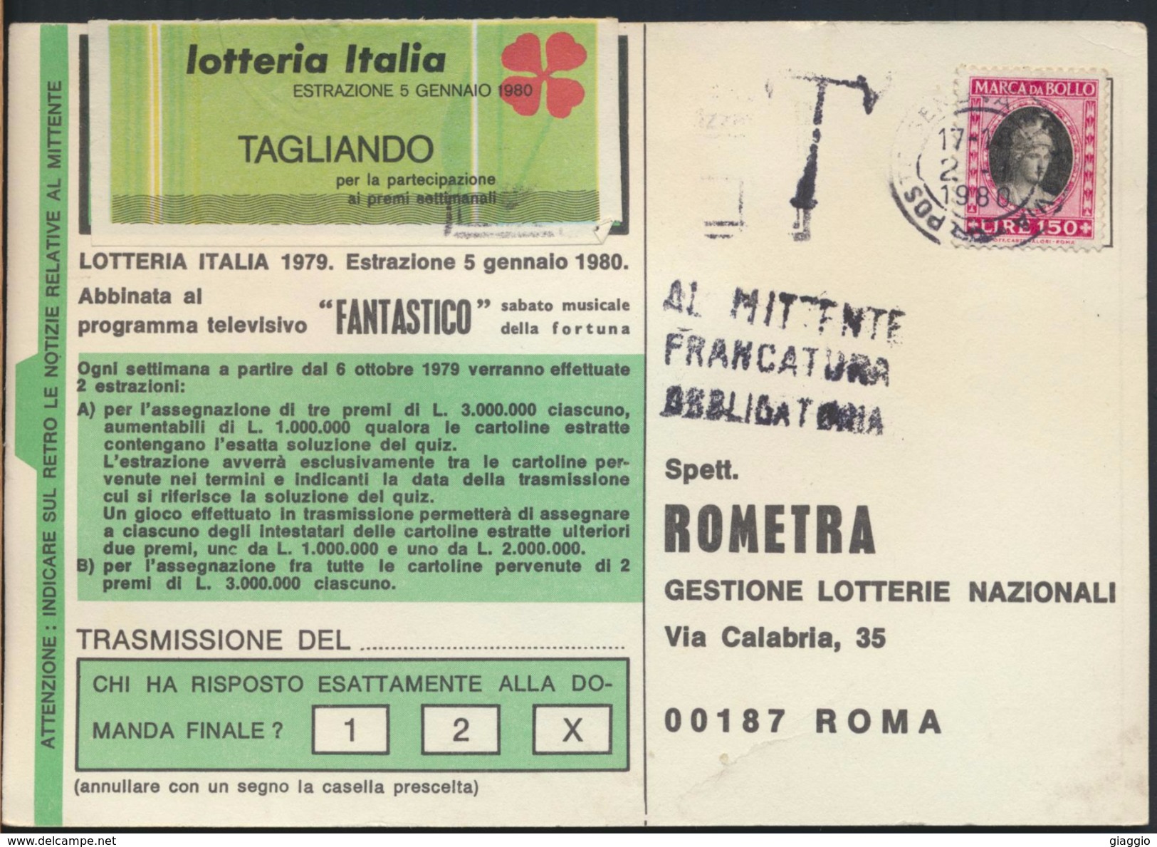 °°° CARTOLINA LOTTERIA 1980 - AFFRANCATURA CON MARCA DA BOLLO °°° - Biglietti Della Lotteria