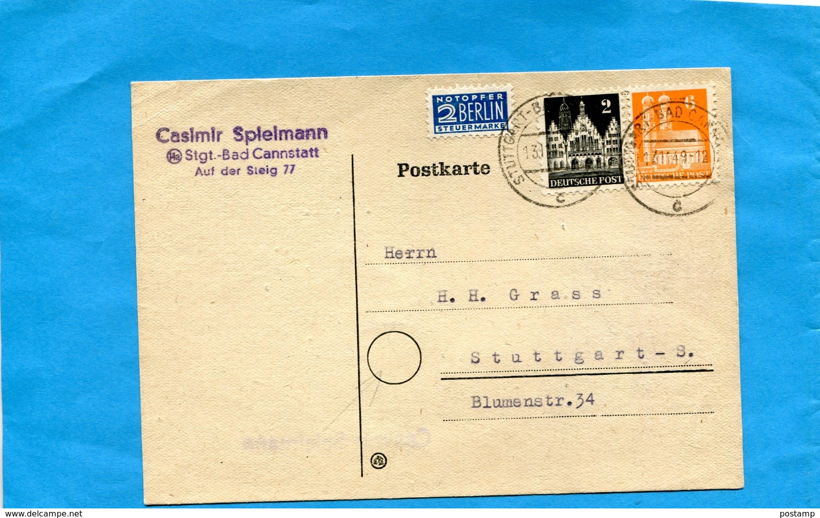 Marcophilie- ALLEMAGNE -BERLIN-Carte-commerciale " "spielmann"cad "nov 1949 Stuttgart-3 Stamps-N°710A TAXE+N°41-45 - Storia Postale