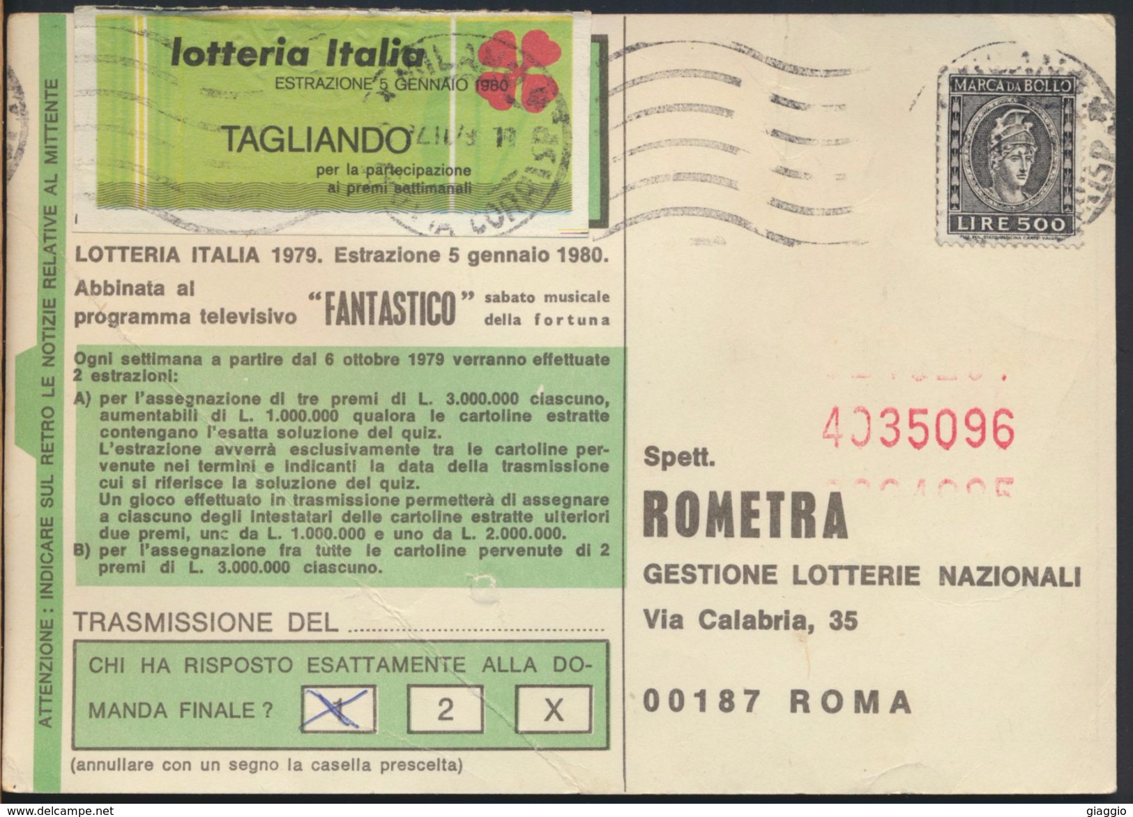 °°° CARTOLINA LOTTERIA 1980 - AFFRANCATURA CON MARCA DA BOLLO °°° - Billets De Loterie