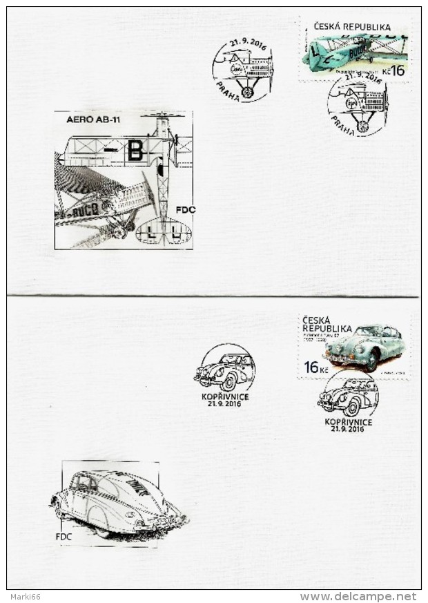 Czech Republic - 2016 - Historical Vehicles - Biplane Aero-11 And Tatra-87 Car - FDC (first Day Covers) Set - FDC