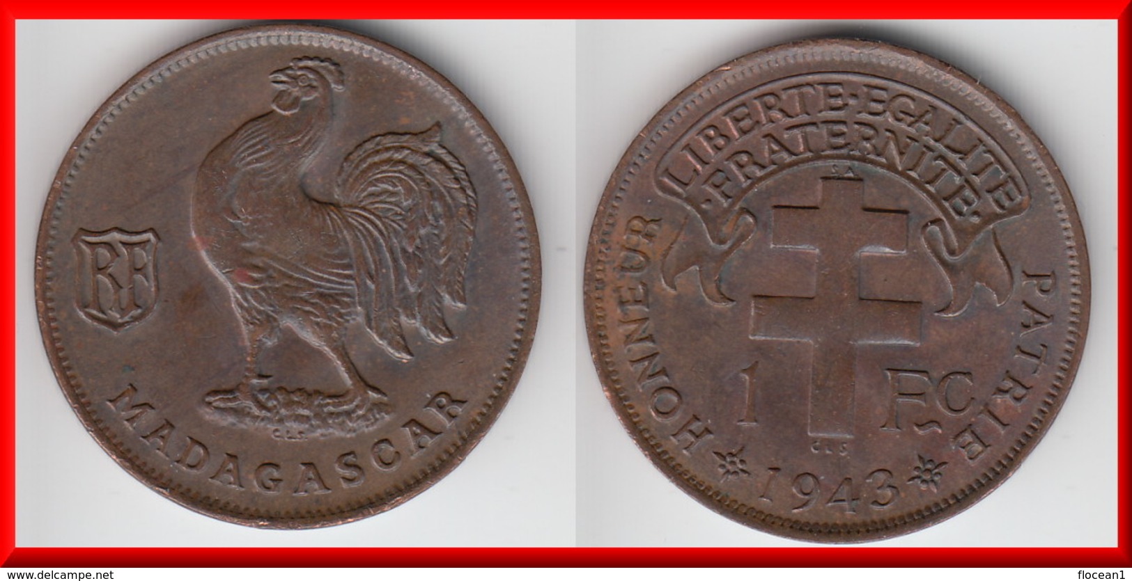 **** MADAGASCAR - 1 FRANC 1943 COQ - CROIX DE LORRAINE **** EN ACHAT IMMEDIAT !!! - Madagaskar