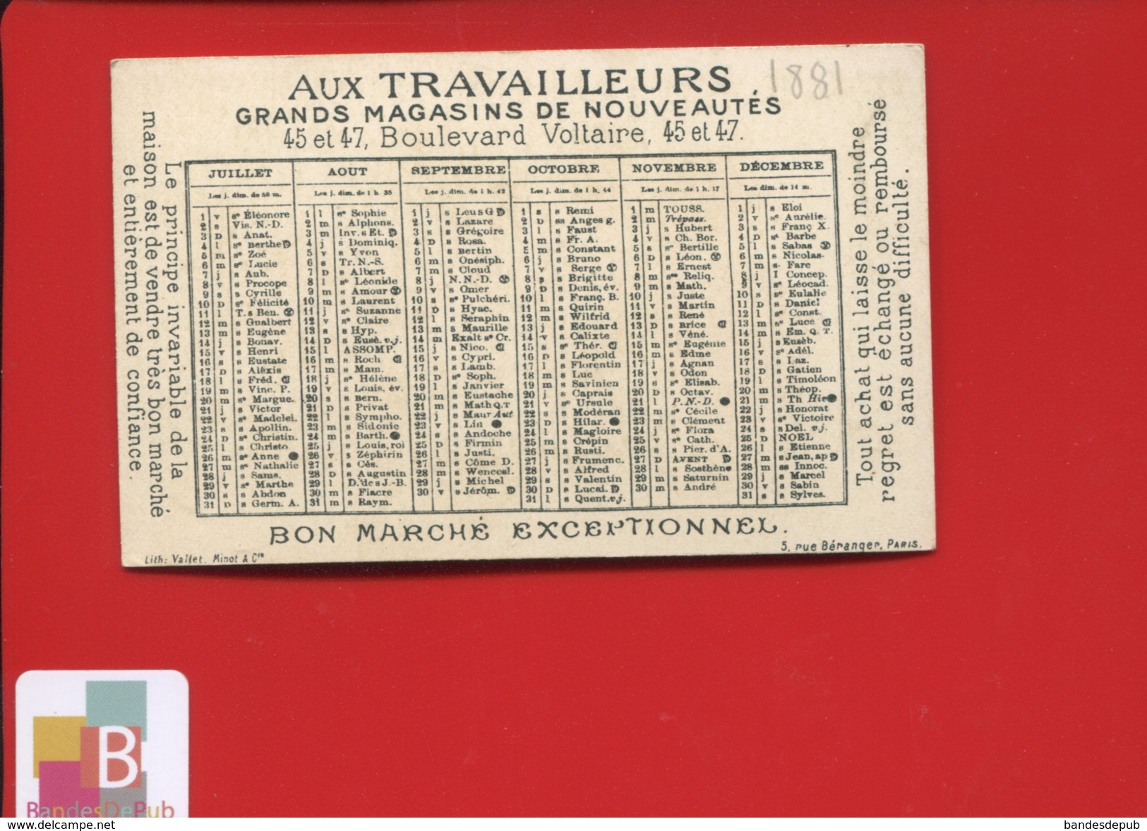 Paris Travailleurs Bd Voltaire Jolie Chromo Dorée Calendrier 1881Vallet Minot Avocat Justice Gendarme Pierrot - Otros & Sin Clasificación