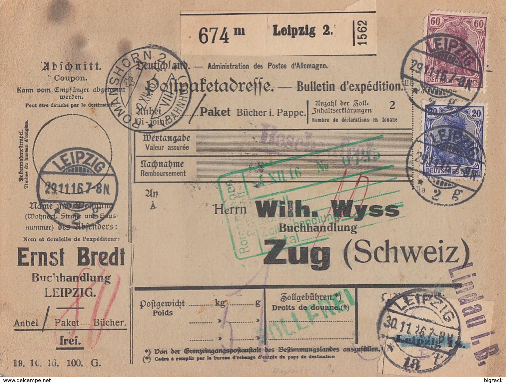 DR Paketkarte Mif Minr.87IIa,92IIb Leipzig 29.11.16 Geprüft Gel. In Die Schweiz - Briefe U. Dokumente
