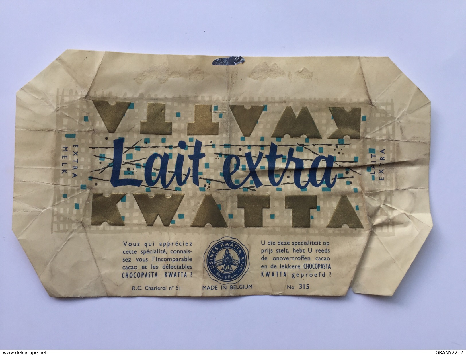 KWATTA LAIT EXTRA  " Emballage Nº 315, Chocolat Belge Charleroi , Bois D'Haine . - Advertising