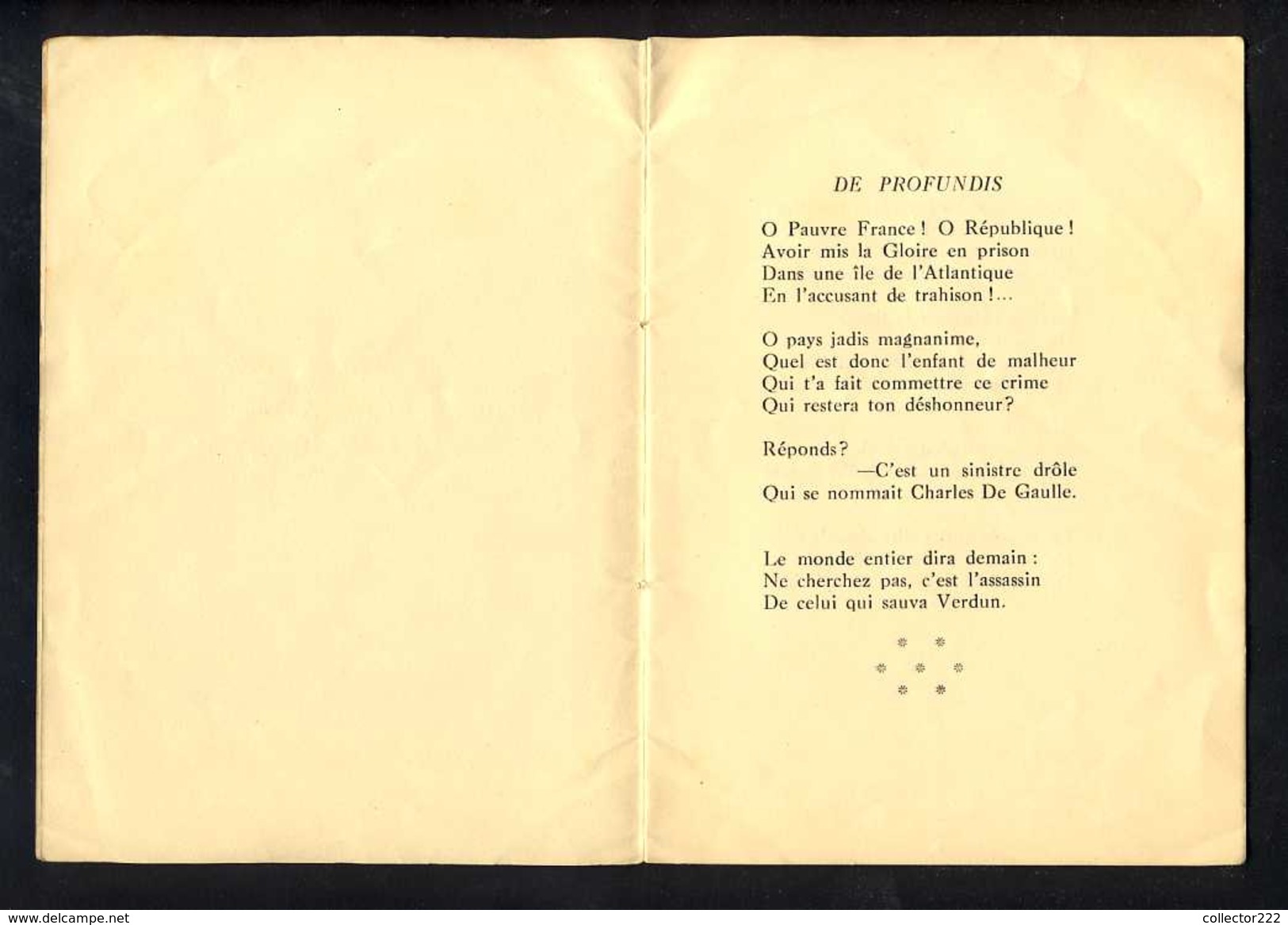 Brochure DE PROFUNDIS, Poesie De Zadig Dédié à PETAIN. Editions Erinyes 1949. Ed. 550 Exemplaires, Ex.num.166 (112460) - Auteurs Français