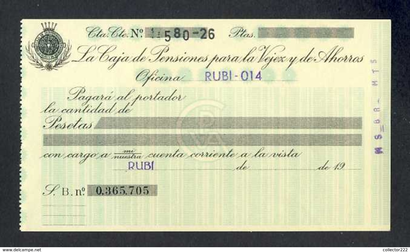 Cheque De La Caja De Pensiones Para La Vejez Y De Ahorros De Rubi (Catalogne). Aprox. 1960 (88741) - Chèques & Chèques De Voyage