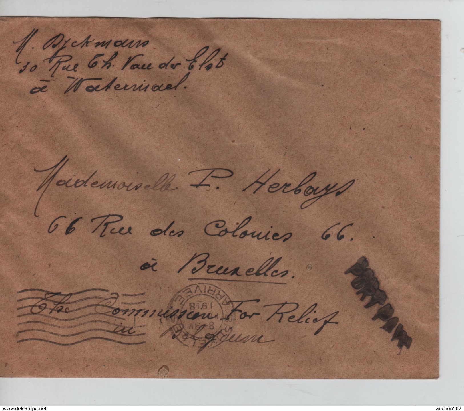 Lettre De Fortune écrite De Watermael Griffe Port Payé V.Bruxelles C.d'arrivée BXL 16/11/1918 PR4570 - Fortune Cancels (1919)