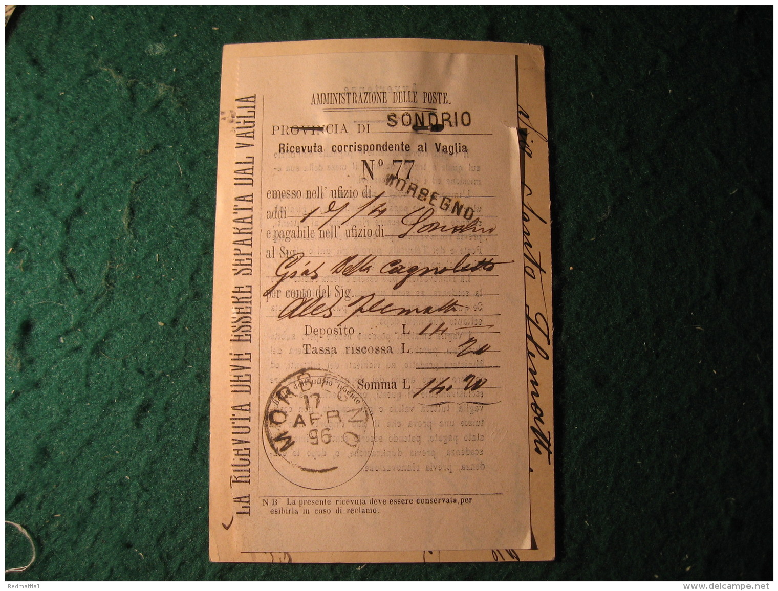 Italia Regno 1896 Cartolina Postale 10 Centesimi -  Con  Ricevuta Corrispondente Al Vaglia N° 77 Morbegno  -  39 - Interi Postali