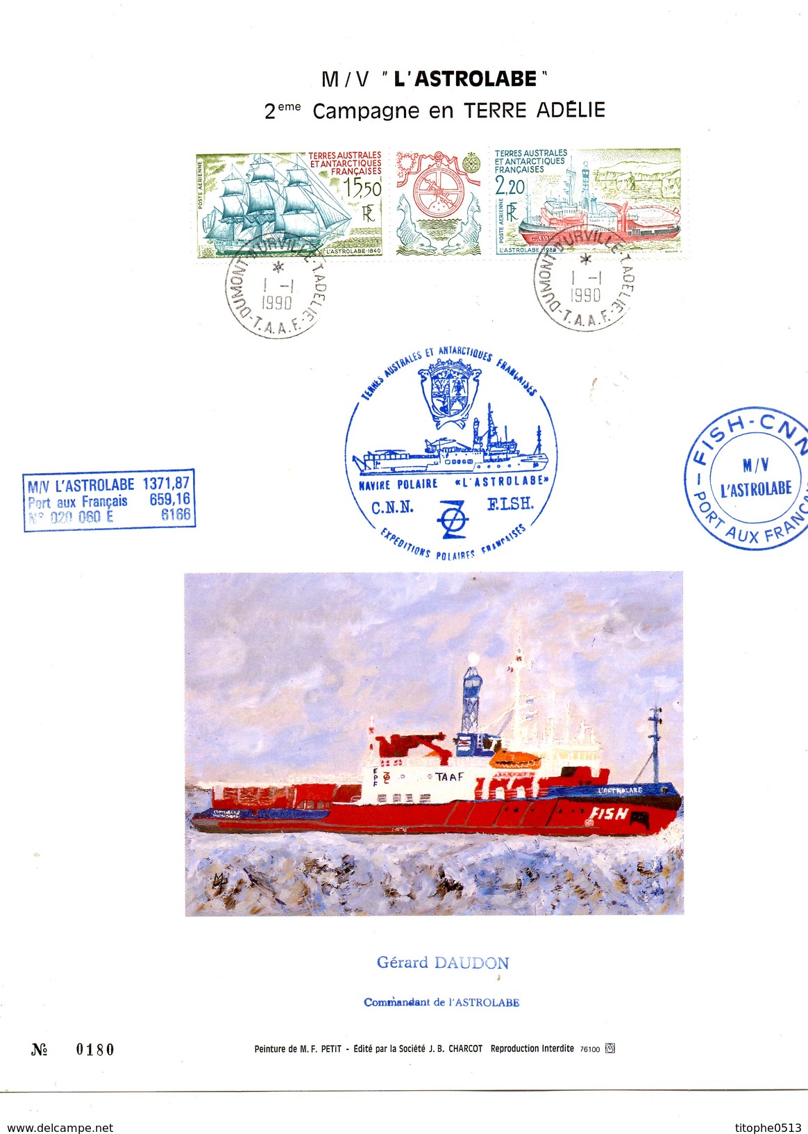 TAAF. PA 113A De 1990 Sur Document. M/V L'Astrolabe. - Navires & Brise-glace