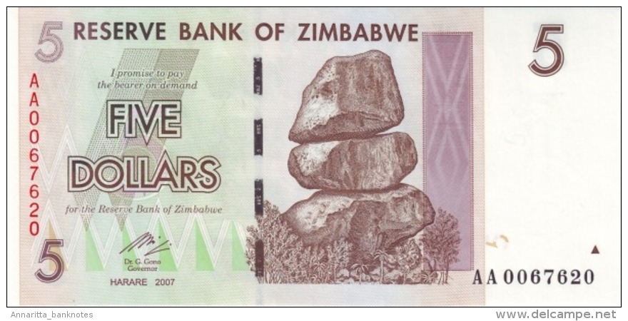 ZIMBABWE 5 DOLLARS 2007 P-66 UNC  [ZW157a] - Simbabwe