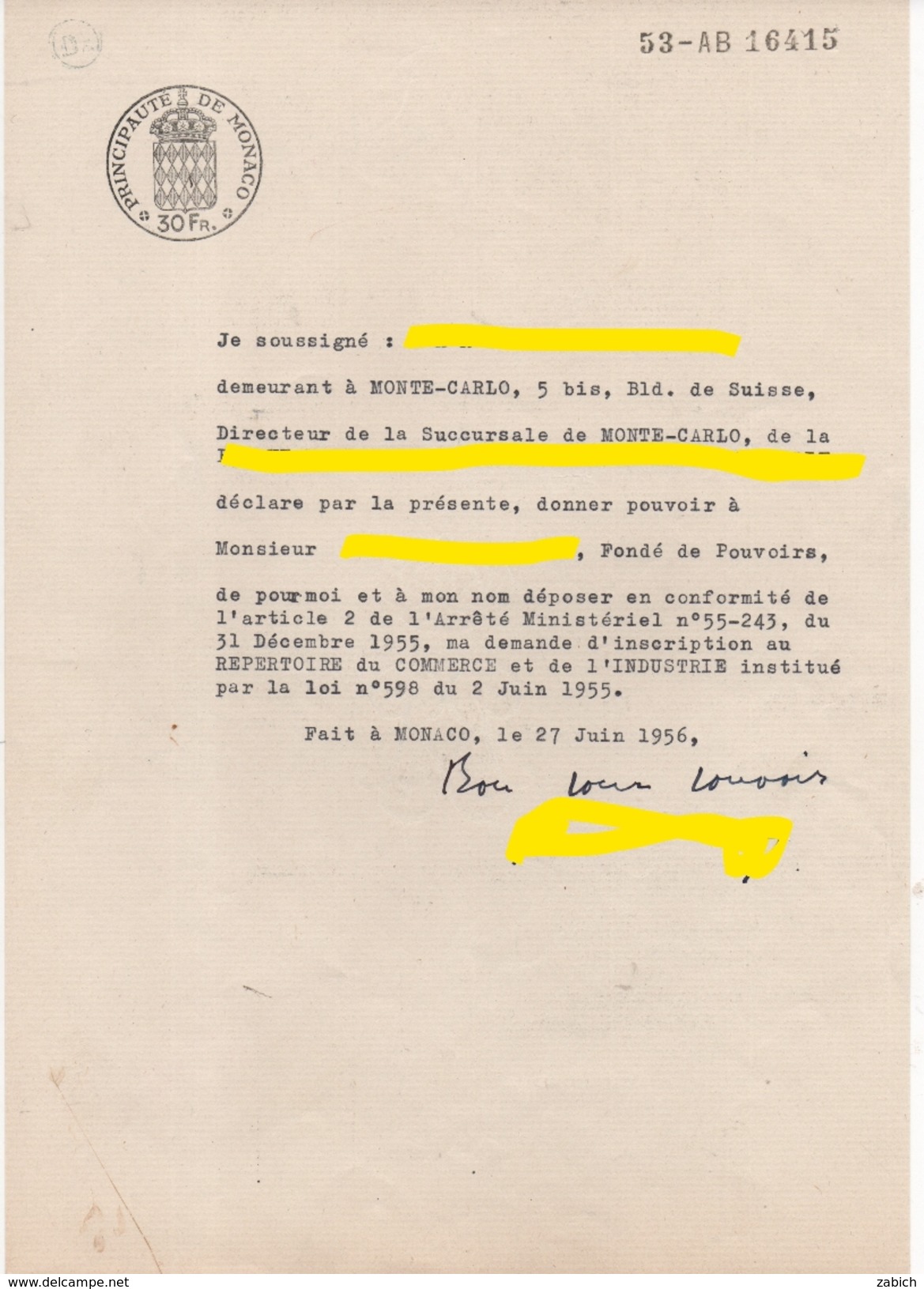 FISCAUX DE MONACO PAPIER TIMBRE à 30 Fr "blason" Sur Document Du 27 Juin 1956   Filigrane RAINIER III - Fiscales