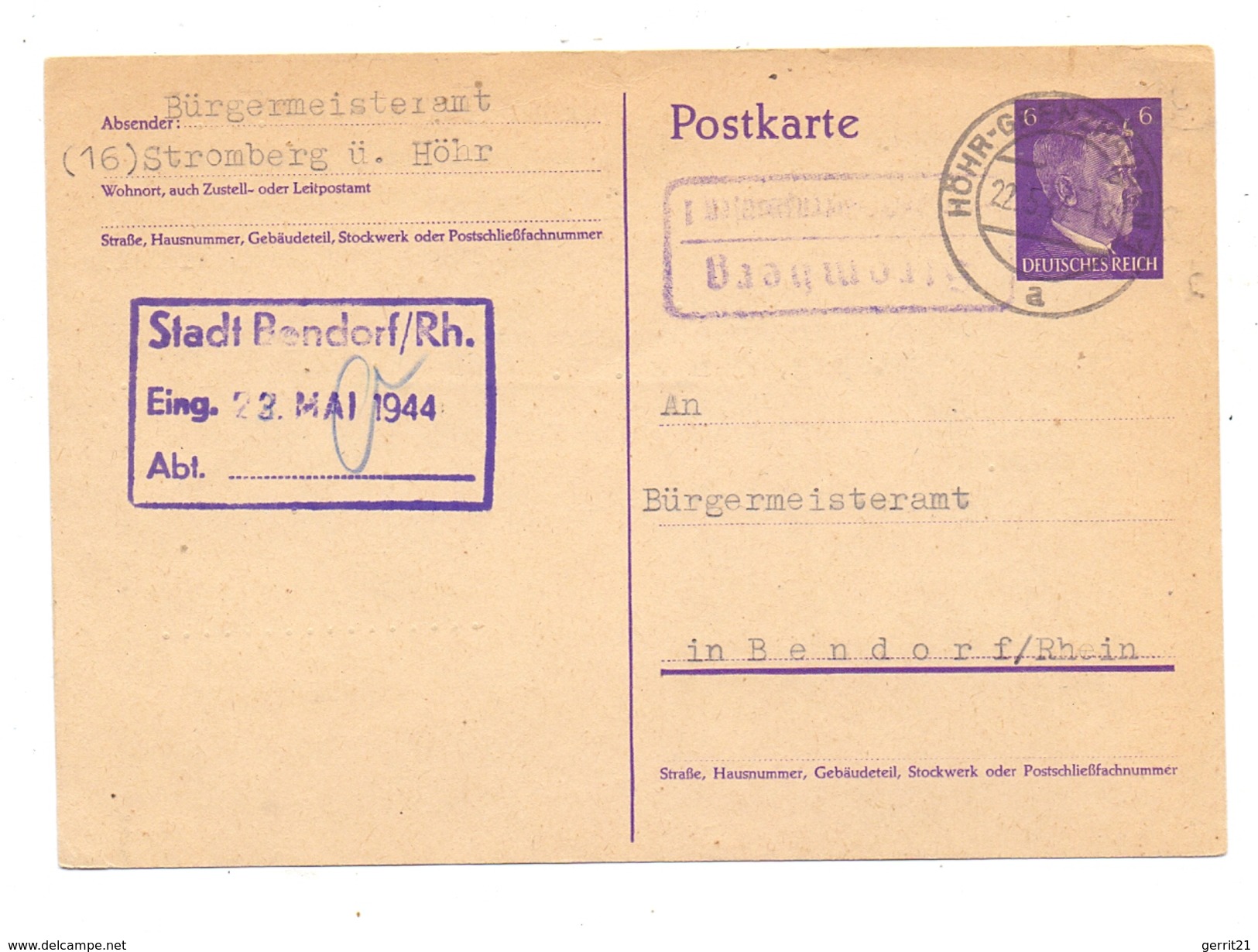 5413 BENDORF, POSTGESCHICHTE, Landpoststempel "Stromberg..., 1944 - Bendorf