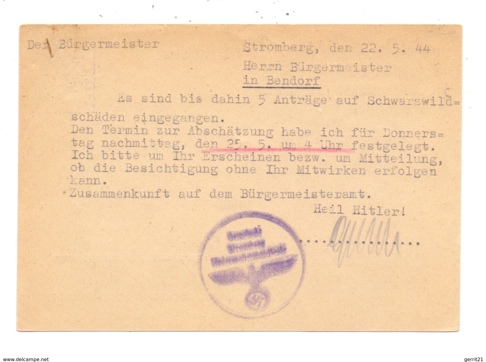 5413 BENDORF, POSTGESCHICHTE, Landpoststempel "Stromberg..., 1944 - Bendorf