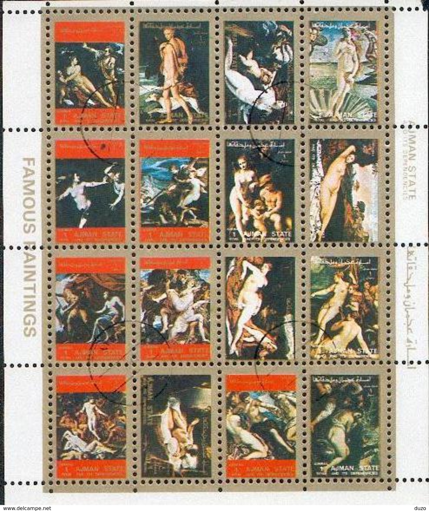 Ajman - Mini Bloc Feuillet De 16 Timbres Oblitérés  " Peintures Célébres ". - Fantasy Labels