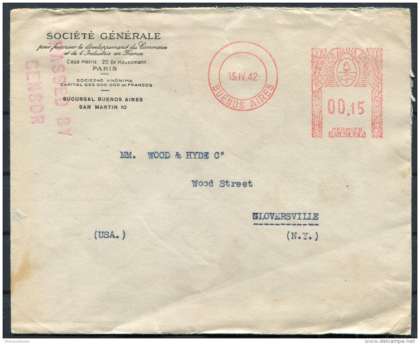 1942 Argentina Buenos Aires Franking Maching Censor Cover -  Gloversville, New York, USA / France Commerce Co - Covers & Documents