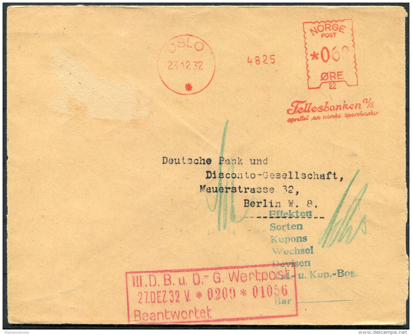 1932 Norway Oslo Tellesbanken Franking Machine Illustrated Cover - Deutsche Bank, Berlin, Germany - Covers & Documents