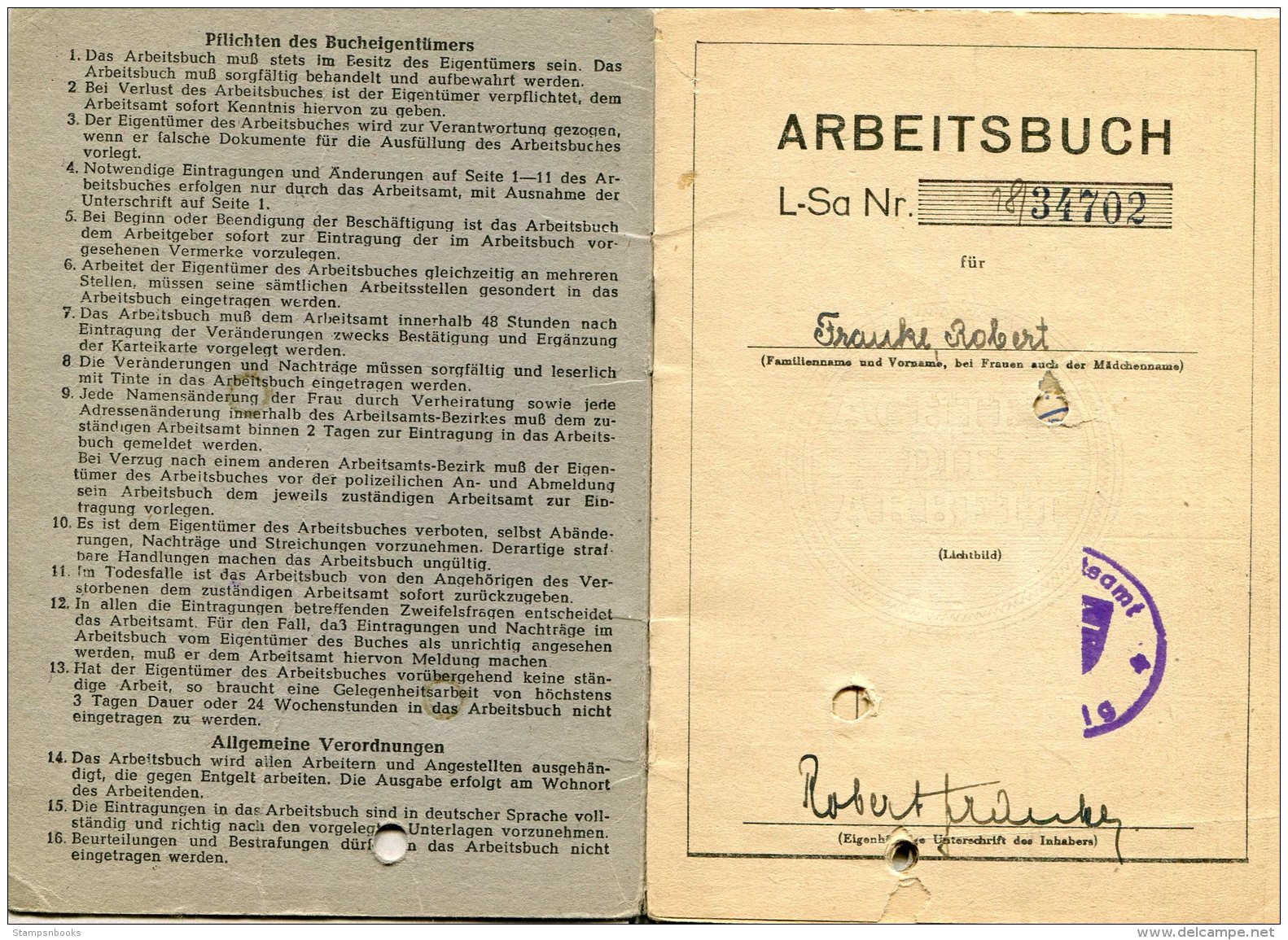 1947 East Germany DDR Leipzig Arbeitsamt Arbeits Buch Deutsche - Historical Documents