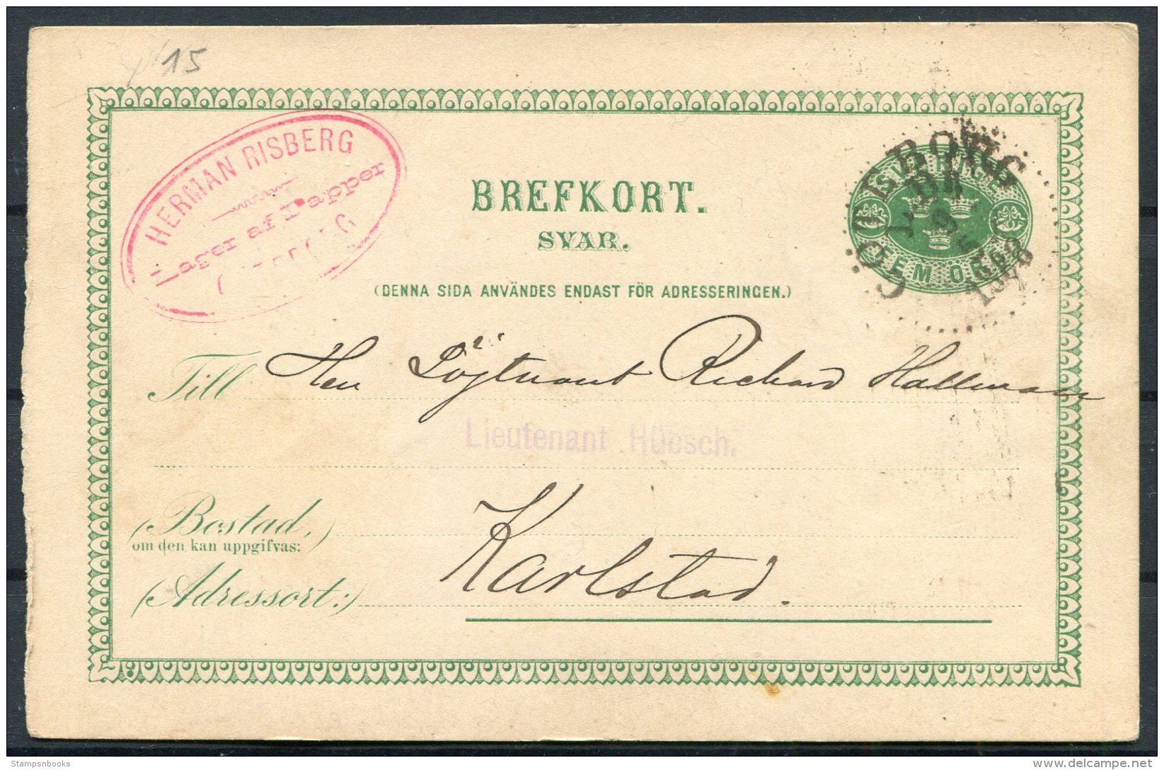 1888 Sweden 5 Ore Svar Stationery Reply Postcard Goteborg, Herman Risberg, Lager Af Papper - Karlstad - Briefe U. Dokumente