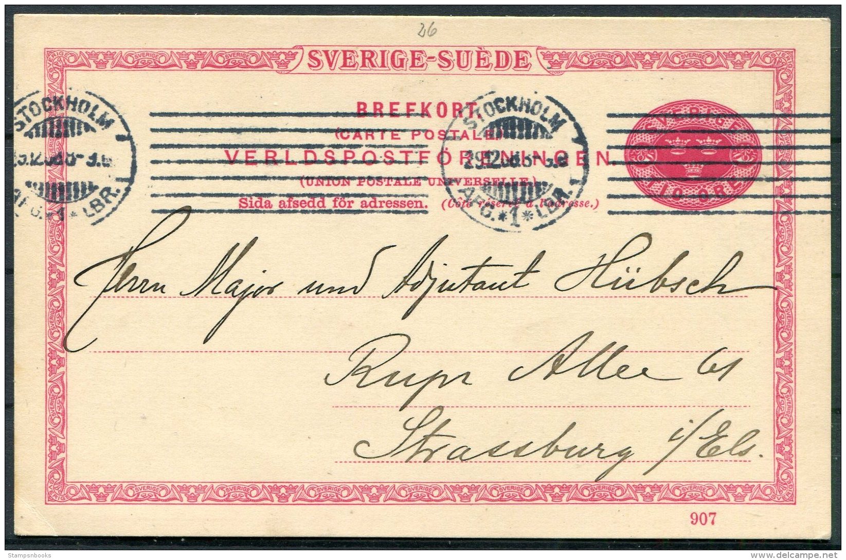 1908 Sweden 10 Ore Stationery Postcard. Henry Wennberg, Stockholm Stamp Dealer - Major Hubsch, Strassburg. - Covers & Documents