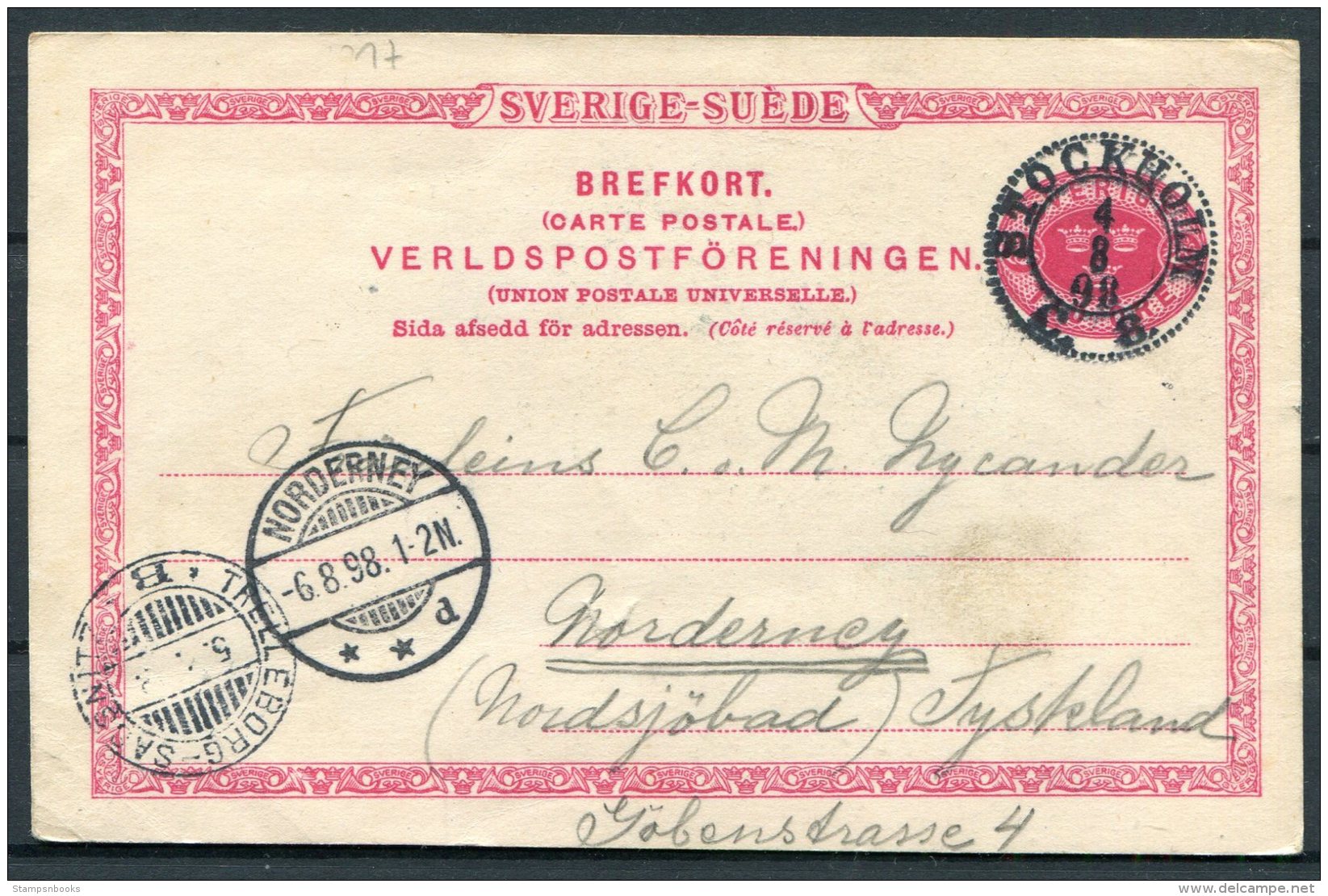 1898 Sweden 10 Ore Stationery Postcard. Stockholm - Norderney Via Trelleborg-Sassnitz Ferry - Briefe U. Dokumente