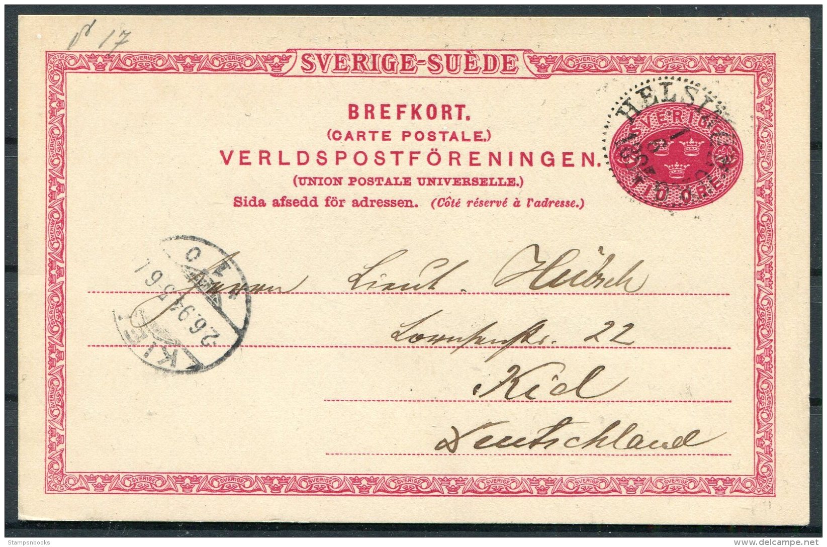 1894 Sweden 10 Ore Stationery Postcard. Helsingborg - Kiel - Briefe U. Dokumente