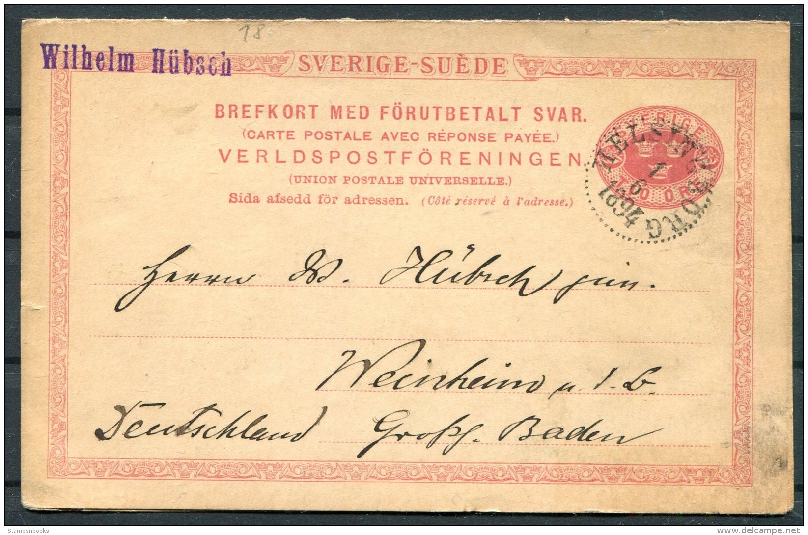 1894 Sweden 10 Ore Reply Stationery Postcard Helsingborg - Weinheim Germany - Covers & Documents