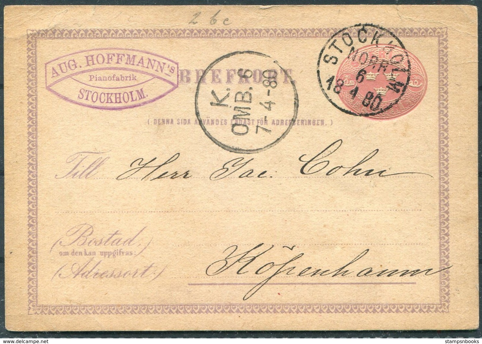 1880 Sweden 10 Ore Stationery Postcard Brefkort. Aug. Hoffmann's Pianofabrik Stockholm - Copenhagen. Piano Music - Covers & Documents