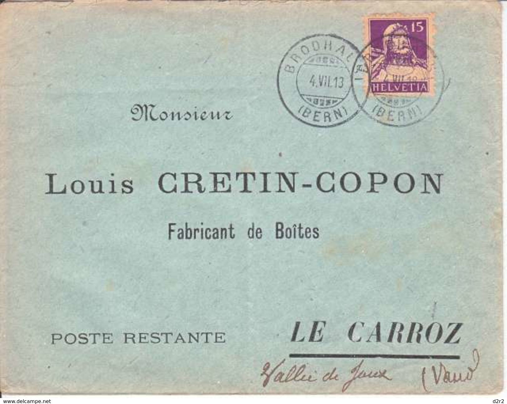 128 - SUR LETTRE - LOGO PRIVE - LOUIS CRETTIN-COPON - FABRICANT DE BOITES - LE CARROZ (VALLEE DE JOUX) - 1913 - Covers & Documents