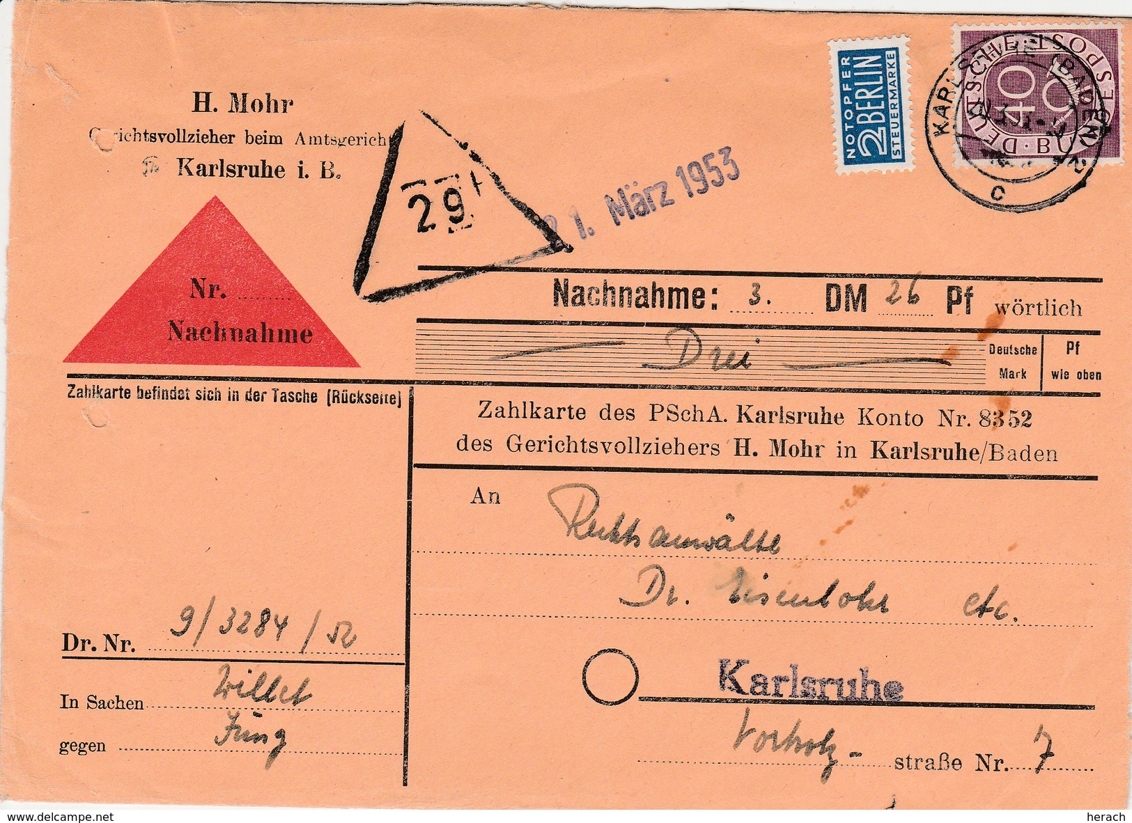 Allemagne Lettre Contre Remboursement Karlsruhe 1953 - Briefe U. Dokumente