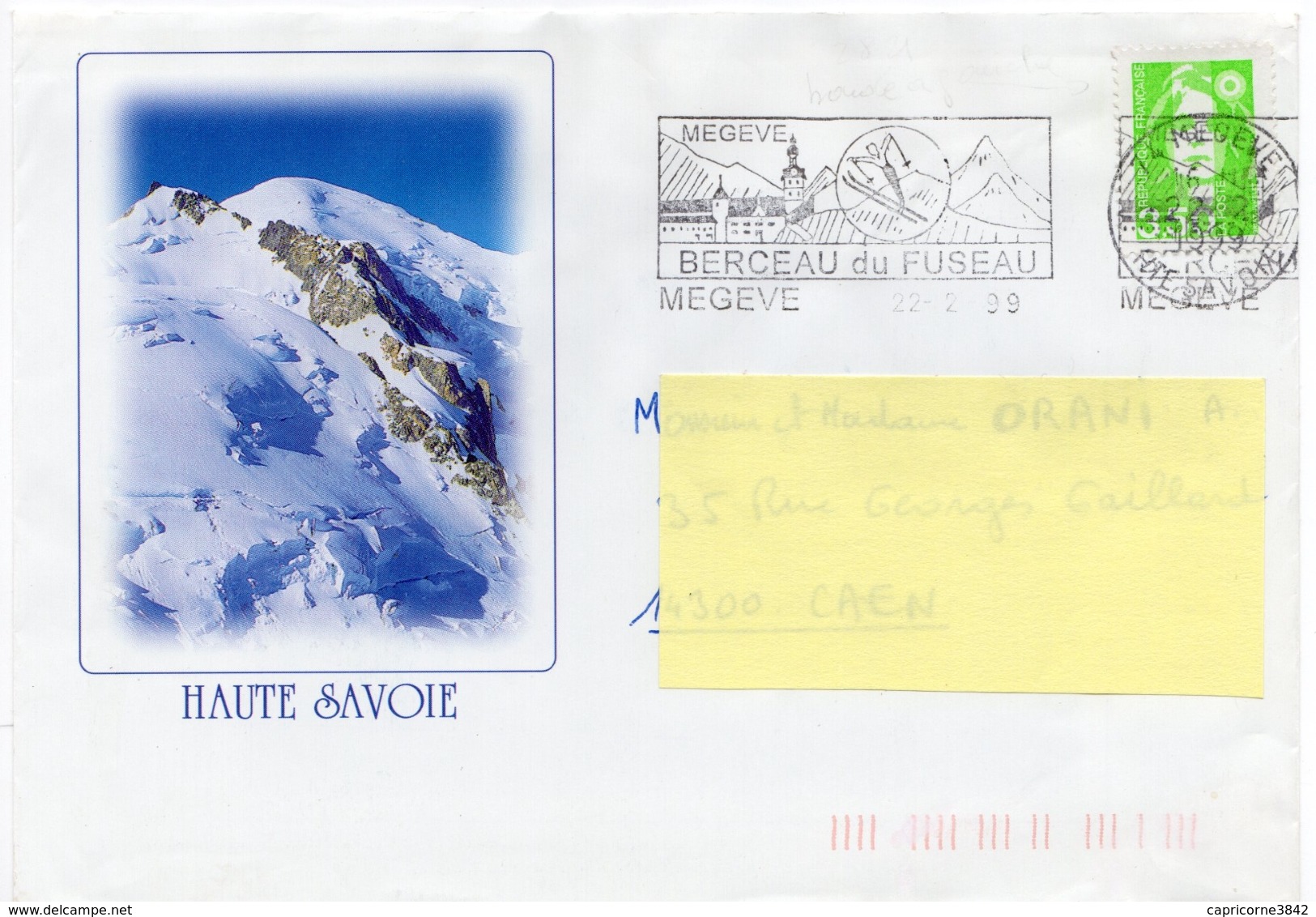 1999 - Lettre De Mégève Pour Caen - Tp Marianne Du Bicentenaire (n°2821a) Obl SECAP "MEGEVE BERCEAU DU FUSEAU" - 1989-1996 Maríanne Du Bicentenaire