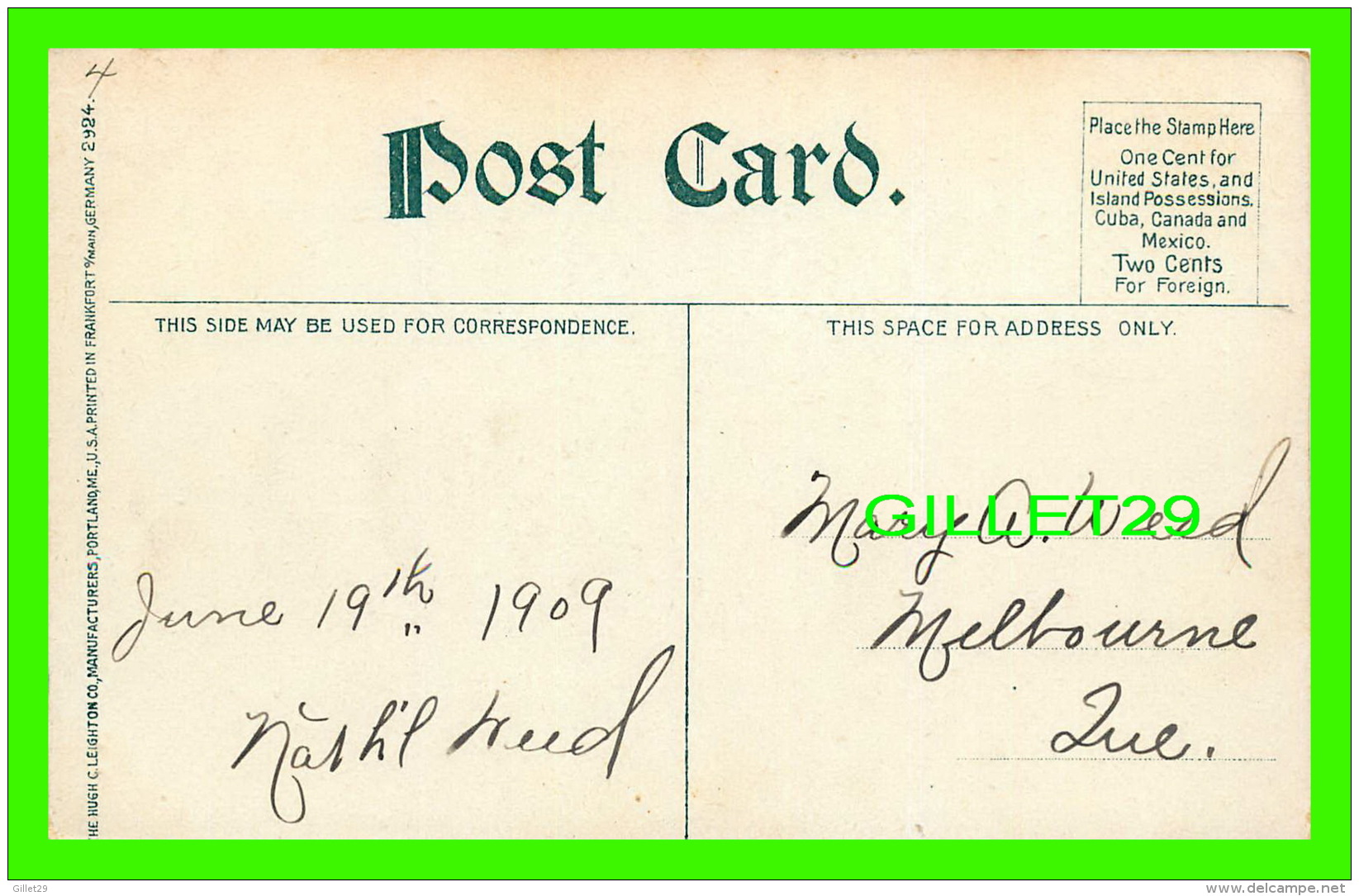 RUTLAND, VT - OTTER CREEK -  TRAVEL IN 1909 -  THE HUGH C LEIGHTON CO - - Rutland